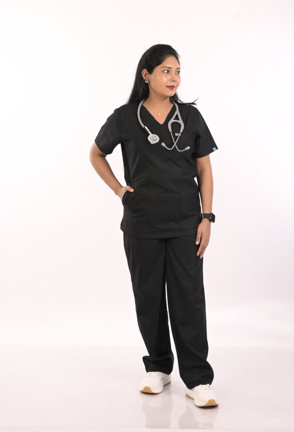 Ksvi Antibacterial Female V-Neck (Black -M) Scrub Shirt Pant