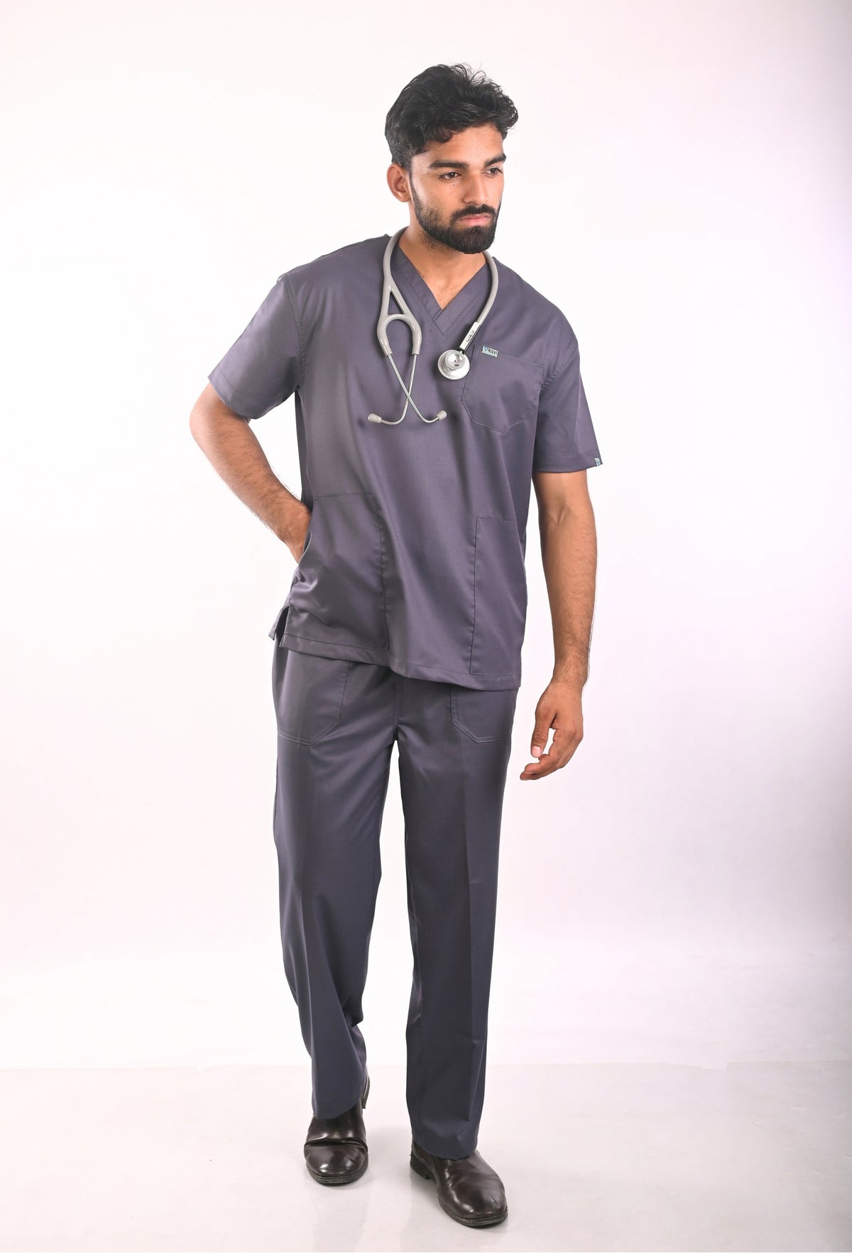 Ksvi Antibacterial Male V-Neck (Heather Grey) Scrub Shirt Pant