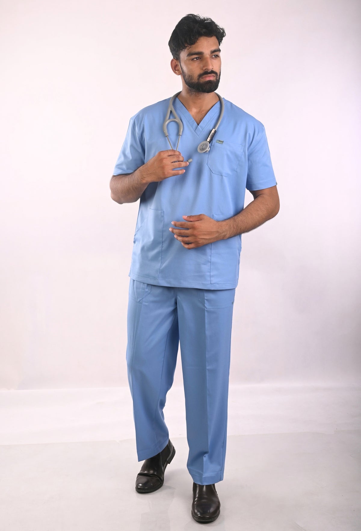 Ksvi Antibacterial Male V-Neck (Ceil Blue) Scrub Shirt Pant